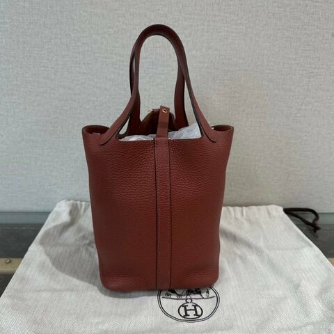 HERMES 南瓜色菜籃子18手提袋 18*18*13 98新配件盒子塵袋鑰匙鎖