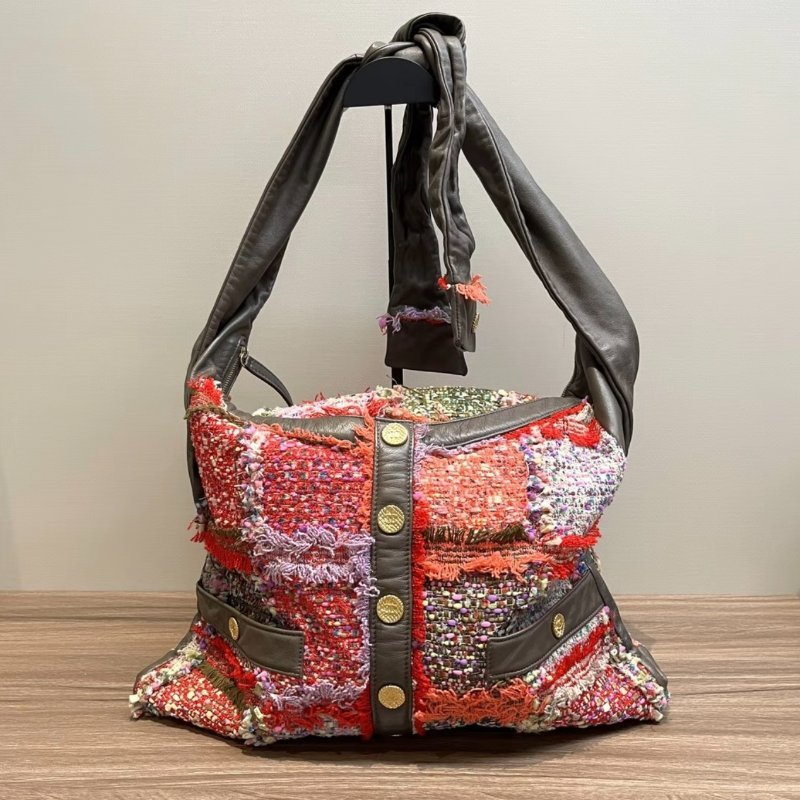 CHANEL 粗花呢拼皮金扣肩背衣服包39*33*4 98新配件塵袋-3