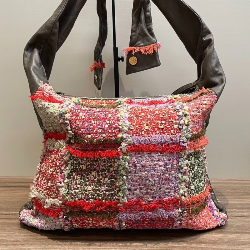 CHANEL 粗花呢拼皮金扣肩背衣服包39*33*4 98新配件塵袋-4