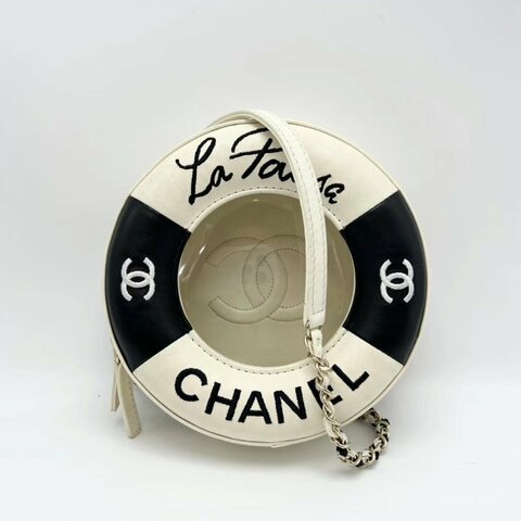 CHANEL 黑白透明游泳圈肩背斜背包18*18*6.5 98新配件塵袋