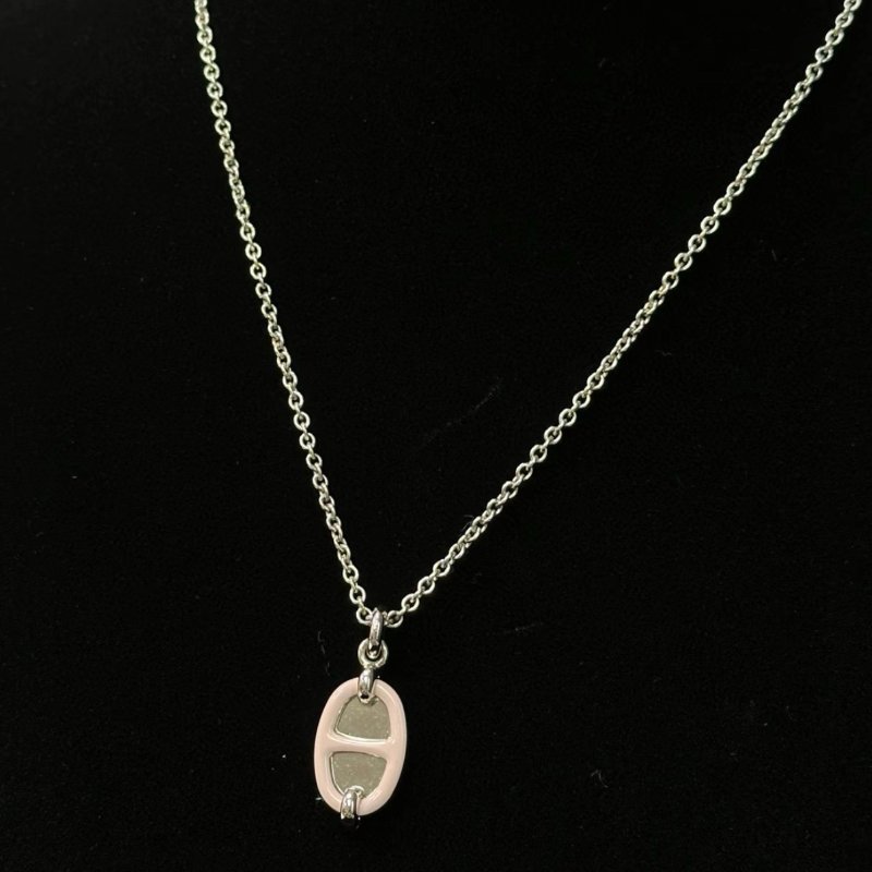 HERMES 純真粉琺瑯豬鼻子項鍊 鏈長48cm 98新配件盒子塵袋-2