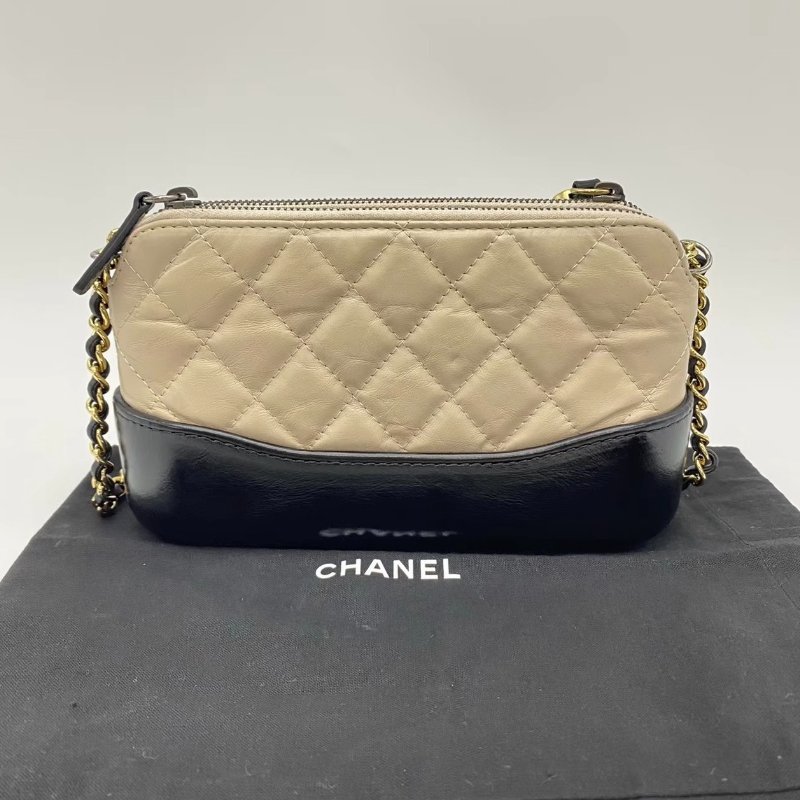 CHANEL 奶茶色拼黑色mini流浪肩背斜背包18.5*10*4 98新配件塵袋保卡-0