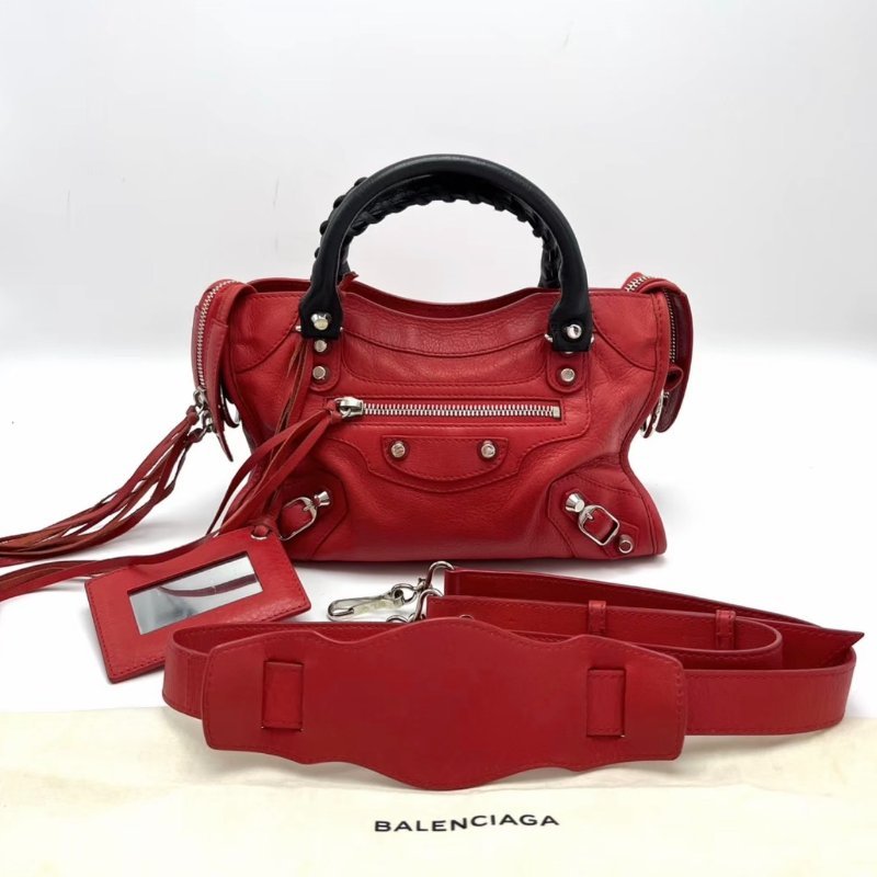 BALENCIAGA  紅色黑手柄mini機車包24*16*7 98新配件塵袋鏡子-0