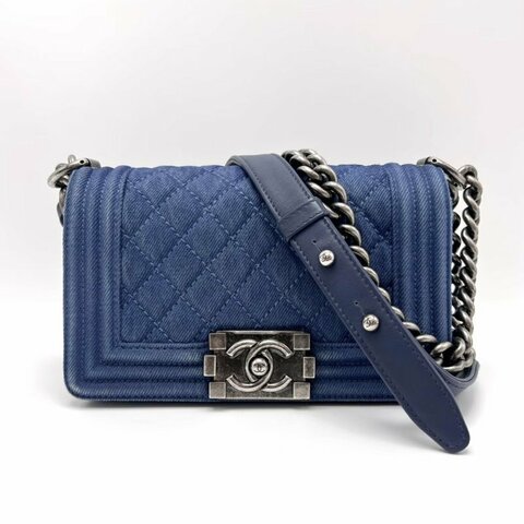 CHANEL 牛仔銀扣Leboy小號肩背斜背鏈條包20*12*6 98新配件塵袋