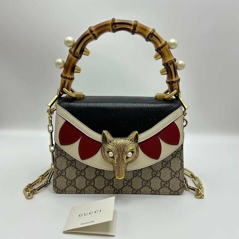 GUCCI 限量款老花狐狸珍珠竹節手柄肩背斜背包20.5*14*9 98新配件塵袋