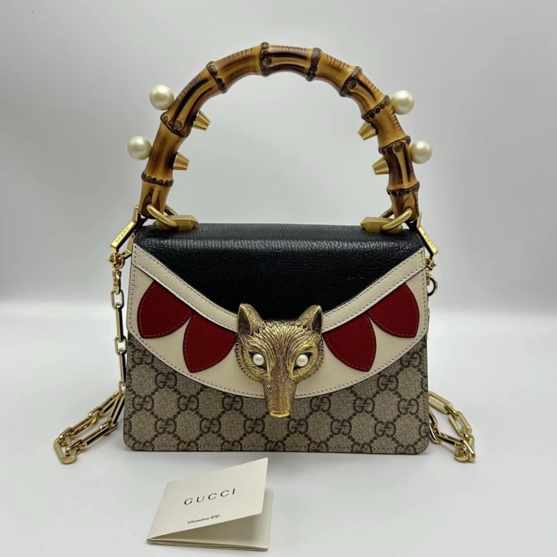 GUCCI 限量款老花狐狸珍珠竹節手柄肩背斜背包20.5*14*9 98新配件塵袋-0