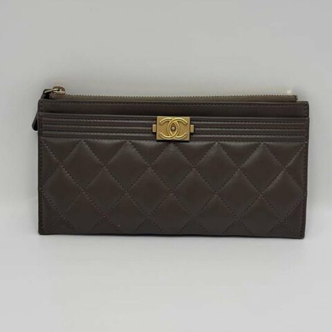 CHANEL 灰綠色leboy子母長款錢包卡包 19.5*10*0.5 98新