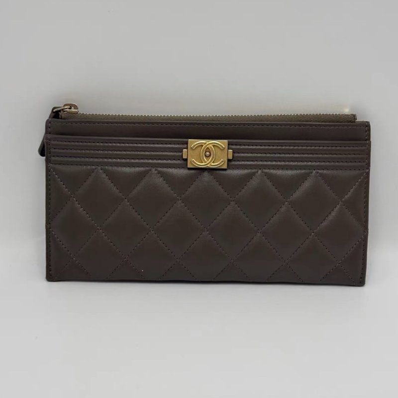 CHANEL 灰綠色leboy子母長款錢包卡包 19.5*10*0.5 98新-0