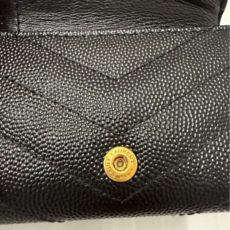 正品 二手 【YSL】Monogram 荔枝皮 皮革 三折開釦 短夾 卡夾 零錢包 黑色 金色-4