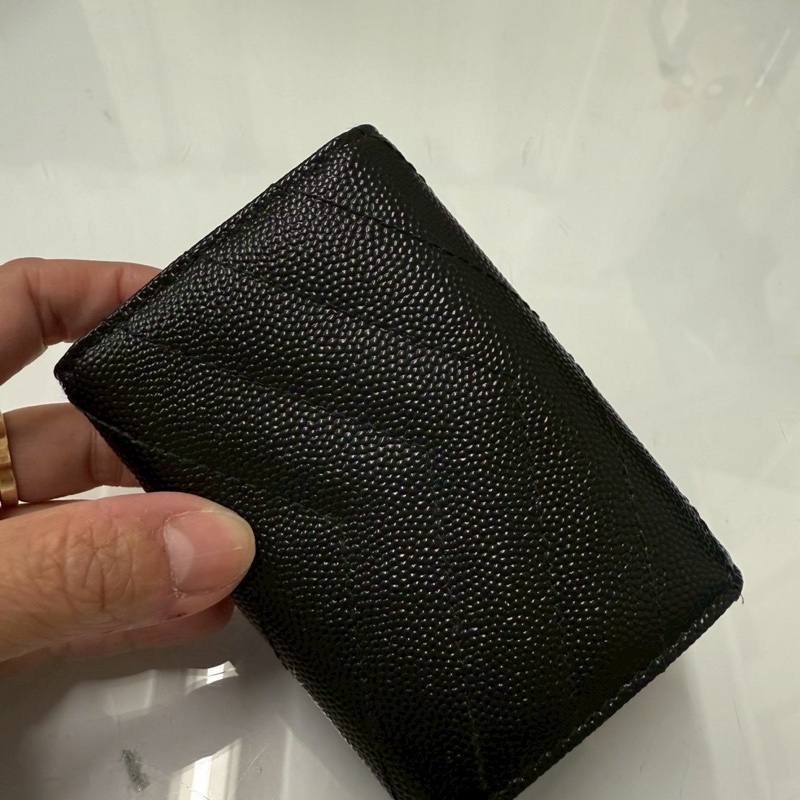 正品 二手 【YSL】Monogram 荔枝皮 皮革 三折開釦 短夾 卡夾 零錢包 黑色 金色-6