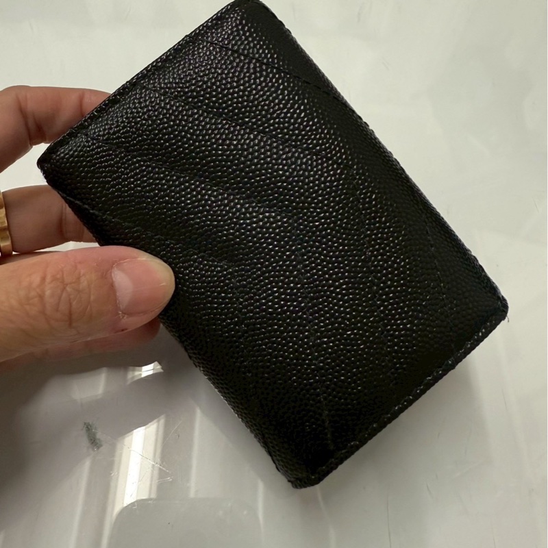 正品 二手 【YSL】Monogram 荔枝皮 皮革 三折開釦 短夾 卡夾 零錢包 黑色 金色-13