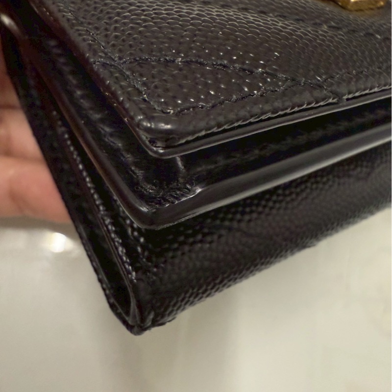 正品 二手 【YSL】Monogram 荔枝皮 皮革 三折開釦 短夾 卡夾 零錢包 黑色 金色-15