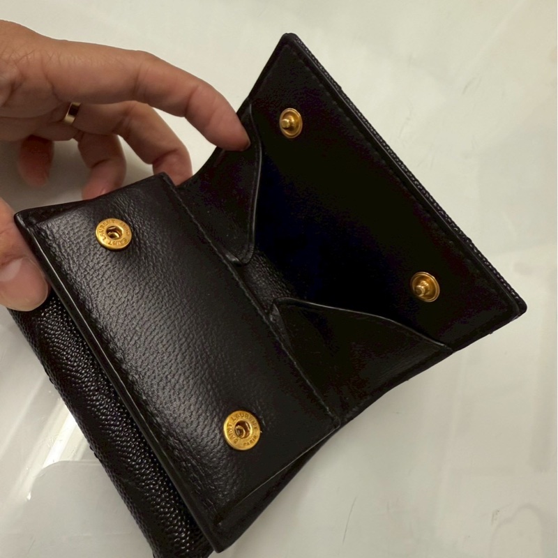 正品 二手 【YSL】Monogram 荔枝皮 皮革 三折開釦 短夾 卡夾 零錢包 黑色 金色-18