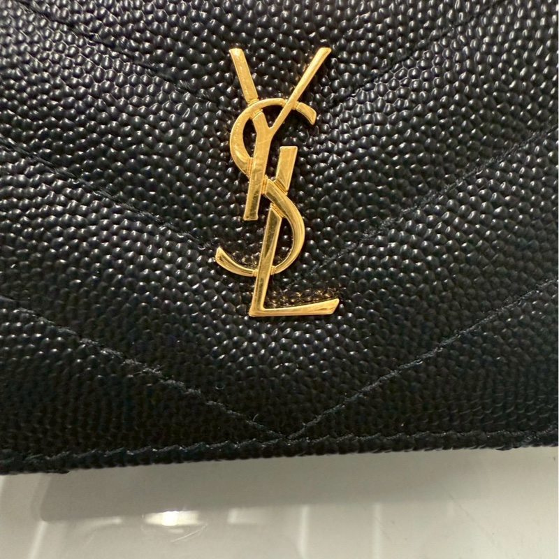 正品 二手 【YSL】Monogram 荔枝皮 皮革 三折開釦 短夾 卡夾 零錢包 黑色 金色-31