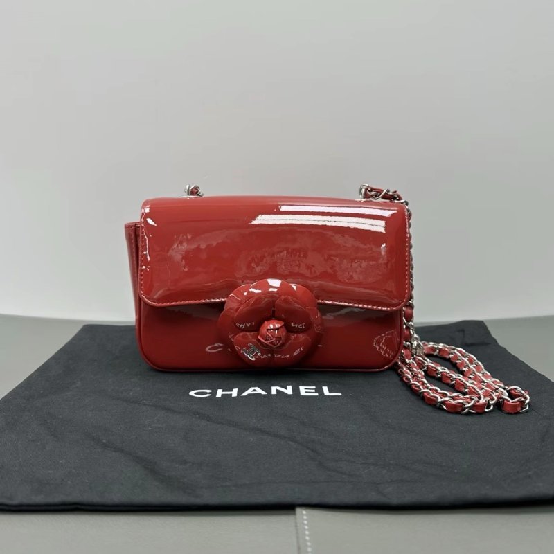 CHANEL 23k山茶花紅色銀扣斜背肩背包20*12*6 99新配件塵袋-0