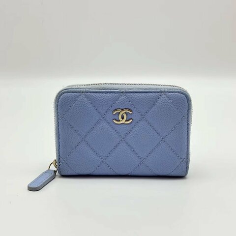CHANEL 淺藍色 芯片款 荔枝牛拉鍊卡包 11*7.5*2 98新配件塵袋