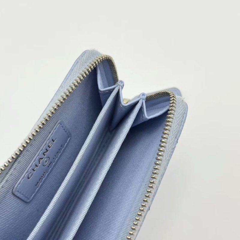 CHANEL 淺藍色 芯片款 荔枝牛拉鍊卡包 11*7.5*2 98新配件塵袋-1