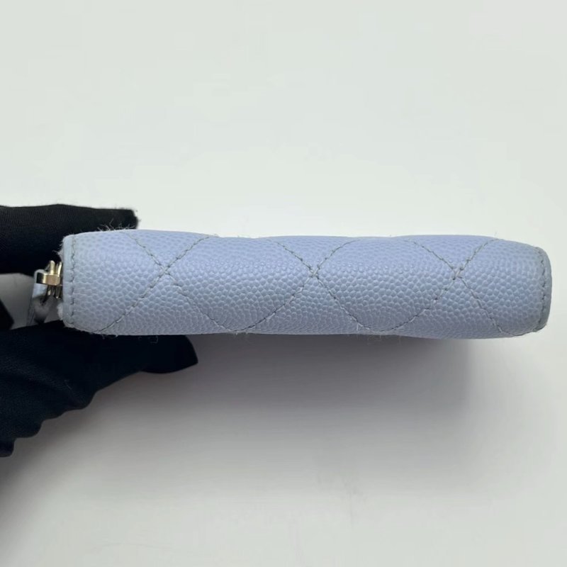 CHANEL 淺藍色 芯片款 荔枝牛拉鍊卡包 11*7.5*2 98新配件塵袋-3