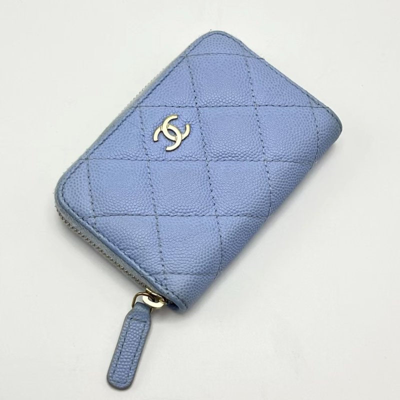 CHANEL 淺藍色 芯片款 荔枝牛拉鍊卡包 11*7.5*2 98新配件塵袋-4