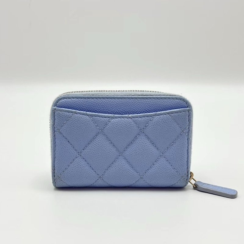 CHANEL 淺藍色 芯片款 荔枝牛拉鍊卡包 11*7.5*2 98新配件塵袋-5