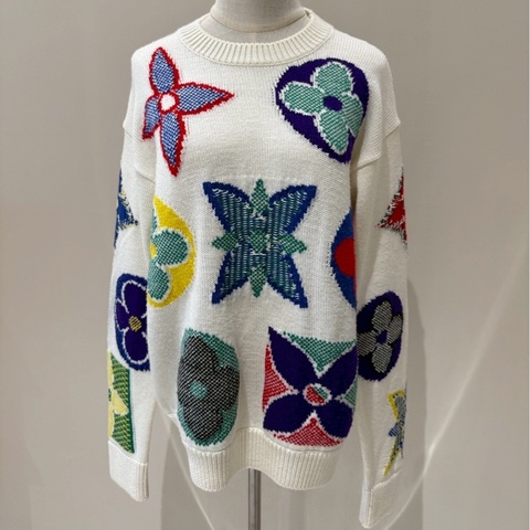 LV 米白色經典三花彩色花卉印章針織毛衣 S