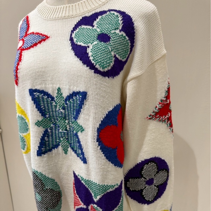 LV 米白色經典三花彩色花卉印章針織毛衣 S-3