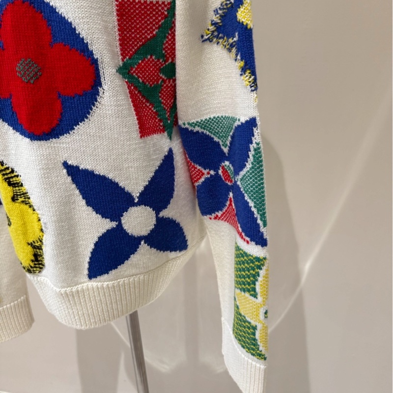 LV 米白色經典三花彩色花卉印章針織毛衣 S-4