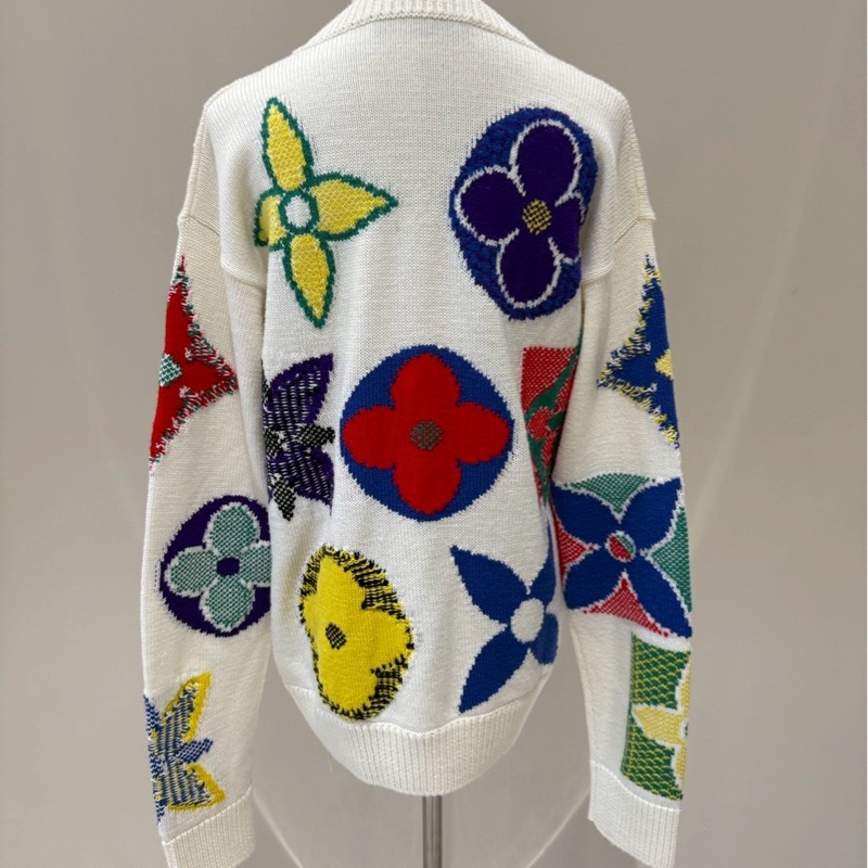 LV 米白色經典三花彩色花卉印章針織毛衣 S-5