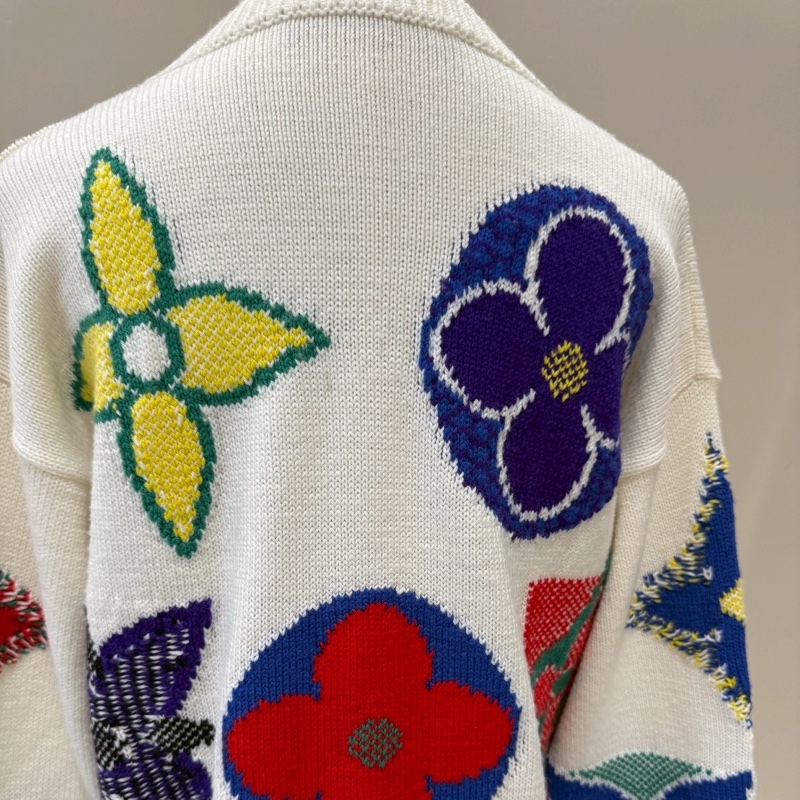 LV 米白色經典三花彩色花卉印章針織毛衣 S-6
