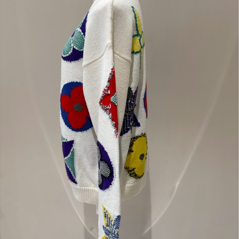 LV 米白色經典三花彩色花卉印章針織毛衣 S-7