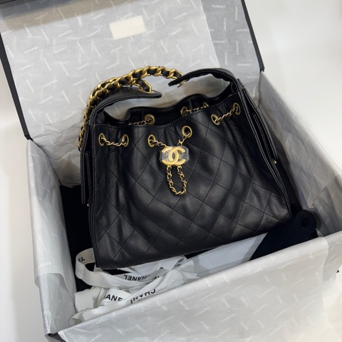 CHANEL香奈兒 黑金粒紋牛皮HOBO 25BAG小號肩背包AS5293