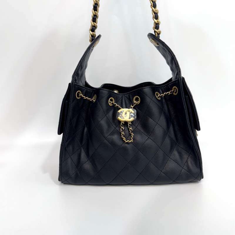 CHANEL香奈兒 黑金粒紋牛皮HOBO 25BAG小號肩背包AS5293-1