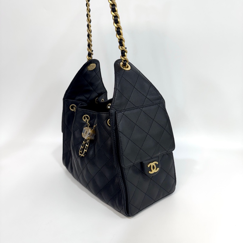 CHANEL香奈兒 黑金粒紋牛皮HOBO 25BAG小號肩背包AS5293-3