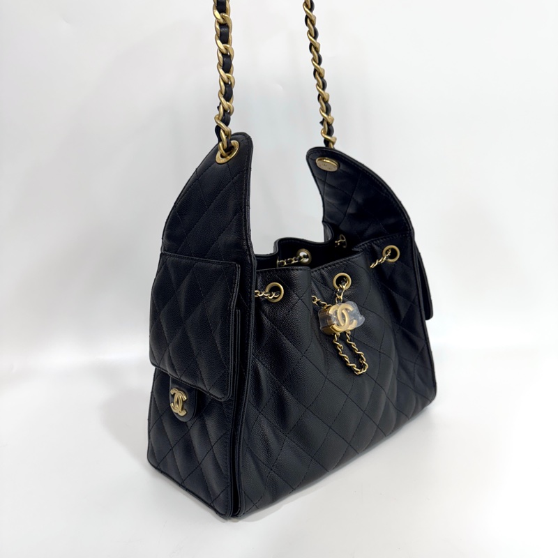 CHANEL香奈兒 黑金粒紋牛皮HOBO 25BAG小號肩背包AS5293-4