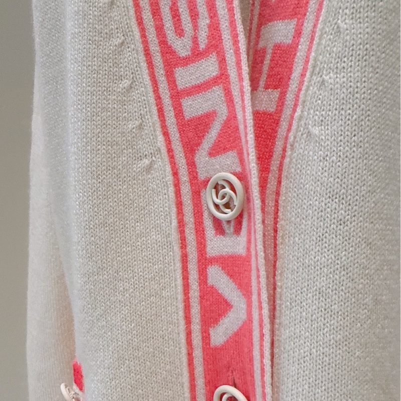 CHANEL 白色粉邊針織長版開衫 36碼-2