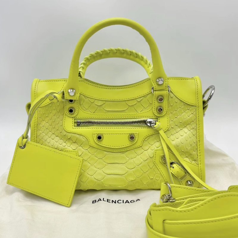 BALENCIAGA 檸檬黃mini蛇皮手提肩背機車包23.8*16*6.3 99新配件塵袋鏡子-0