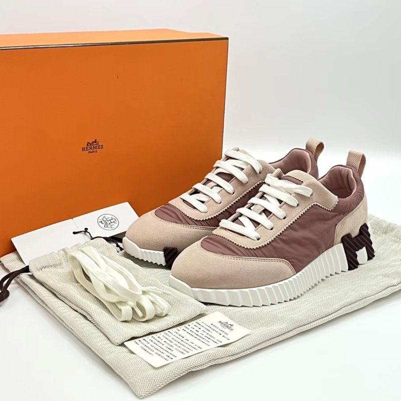 HERMES 粉色拼尼龍運動鞋36號 全新閒置配件盒子塵袋鞋帶-0