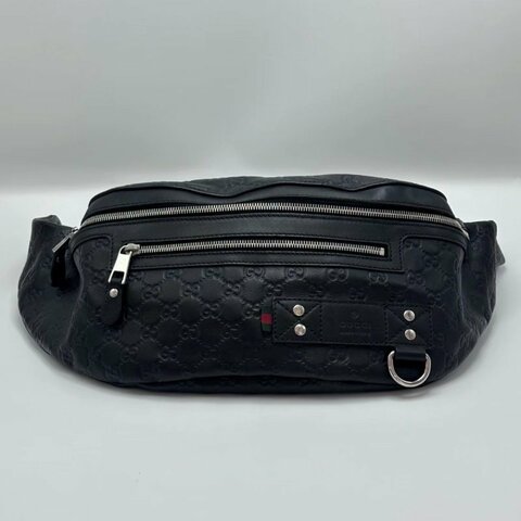 GUCCI 全皮壓花黑色銀扣腰包 30*22*10 98新配件塵袋