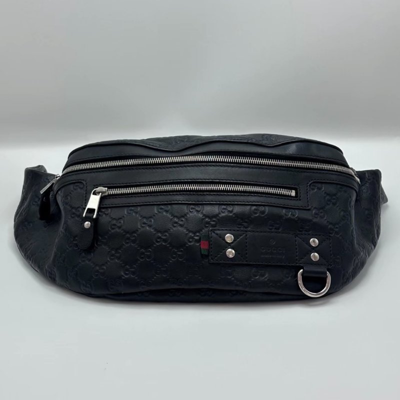 GUCCI 全皮壓花黑色銀扣腰包 30*22*10 98新配件塵袋-0