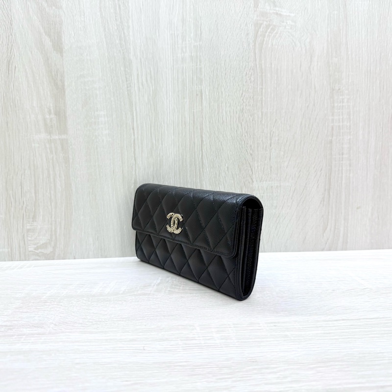 CHANEL黑色牛皮限量金鏈釦下蓋長夾AP3052-2