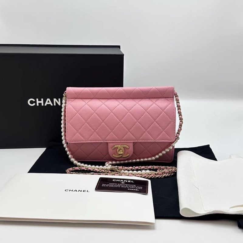 CHANEL 粉金CF珍珠鏈條斜背夾子包 21*16*3 99新 配件盒子塵袋保卡-0