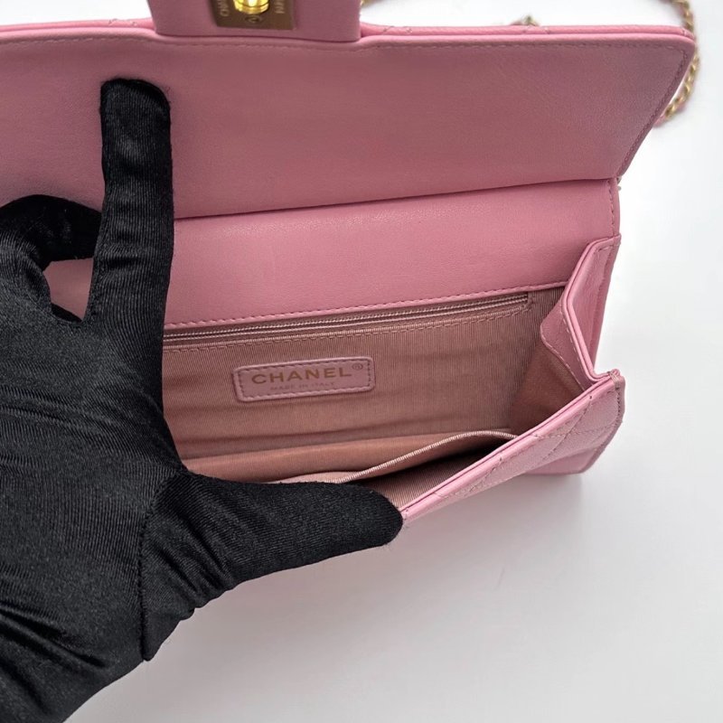 CHANEL 粉金CF珍珠鏈條斜背夾子包 21*16*3 99新 配件盒子塵袋保卡-1