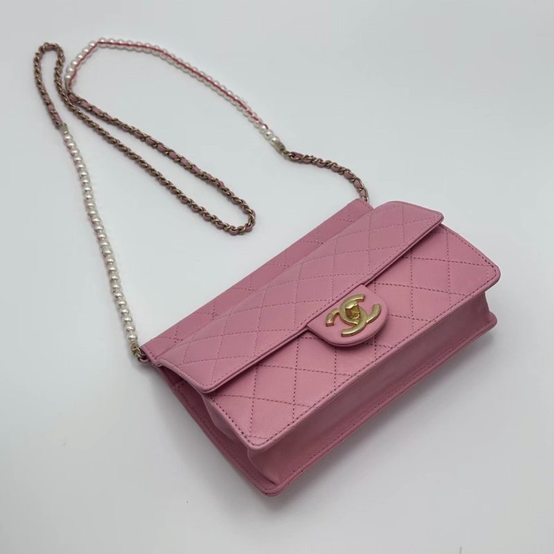 CHANEL 粉金CF珍珠鏈條斜背夾子包 21*16*3 99新 配件盒子塵袋保卡-4