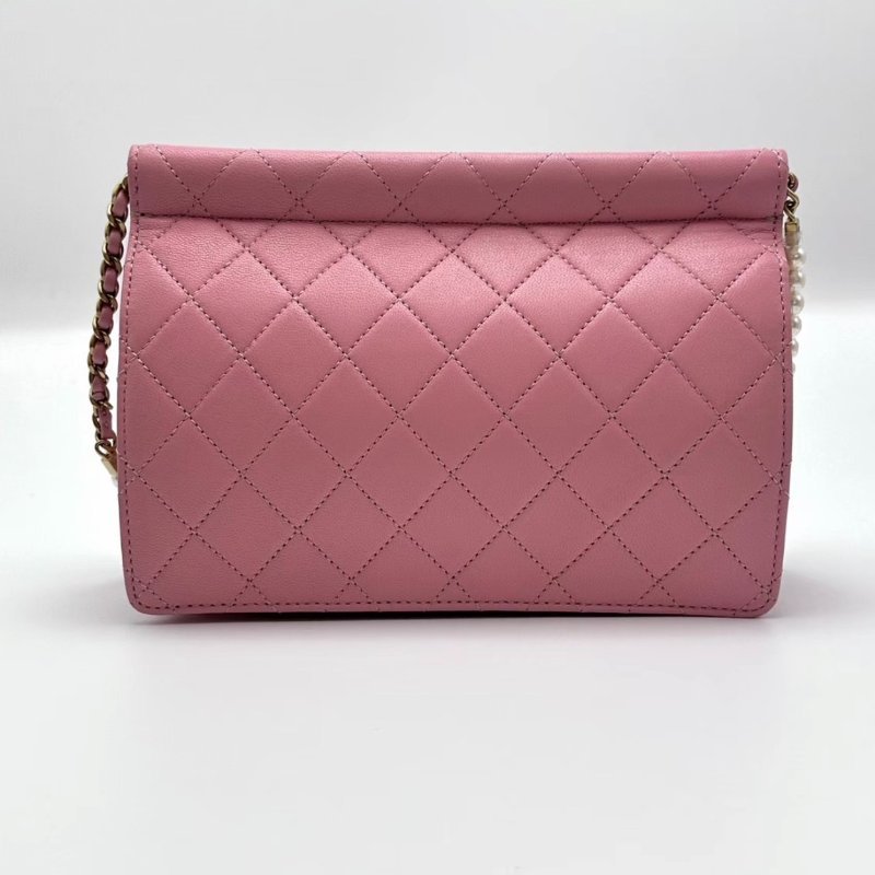 CHANEL 粉金CF珍珠鏈條斜背夾子包 21*16*3 99新 配件盒子塵袋保卡-5