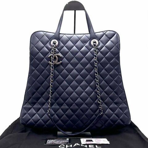 CHANEL 深藍色菱格紋手提肩背托特包 40*34*5 98新配件塵袋保卡