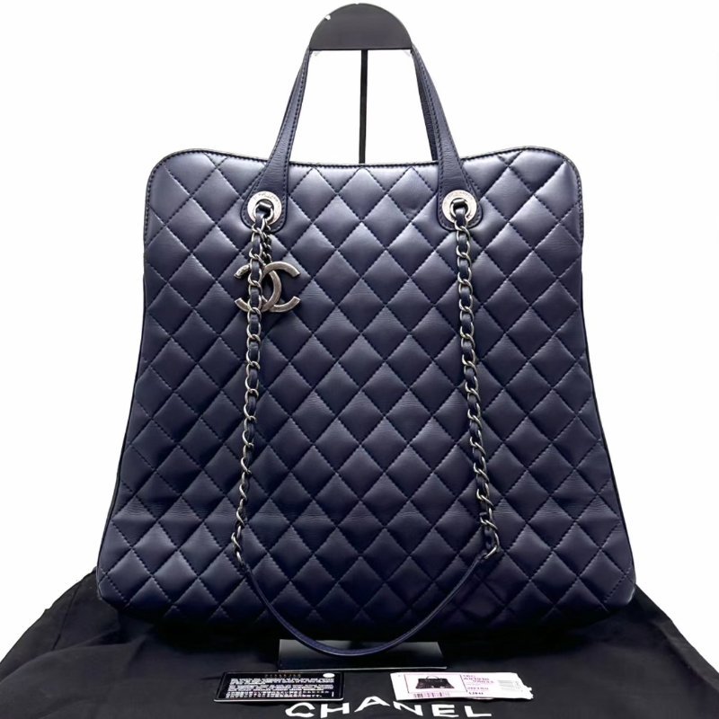 CHANEL 深藍色菱格紋手提肩背托特包 40*34*5 98新配件塵袋保卡-0