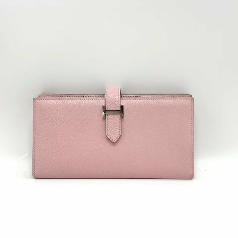HERMES 3Q櫻花粉bearn折疊錢包 17.5*9*1.5 98新