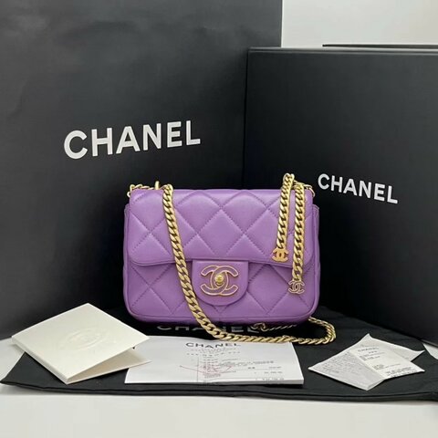 CHANEL 紫色金扣琺瑯扣大mini肩背包 28*13*5 98新配件盒子塵袋購證