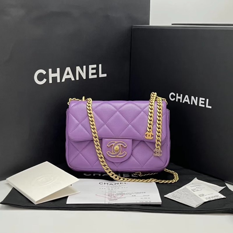 CHANEL 紫色金扣琺瑯扣大mini肩背包 28*13*5 98新配件盒子塵袋購證-0