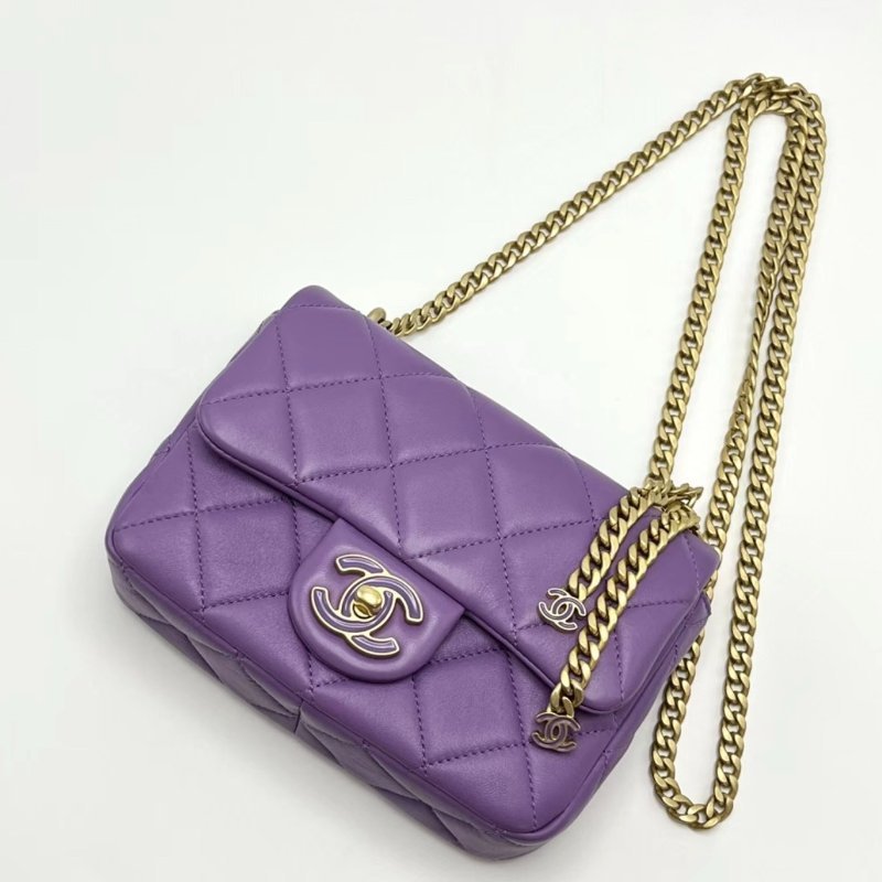 CHANEL 紫色金扣琺瑯扣大mini肩背包 28*13*5 98新配件盒子塵袋購證-2
